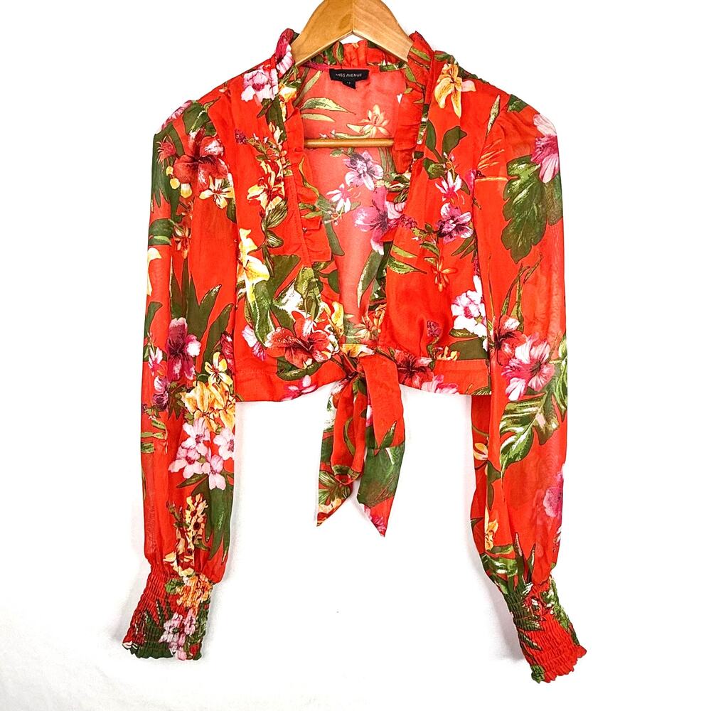 Miss Avenue Red Tropical Print Sheer Tie Front Crop Top M